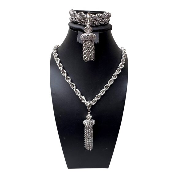 Vintage Silver Tone Damita Monet Rope Twist Tassel Necklace Bracelet Set Signed - Picture 2 of 9